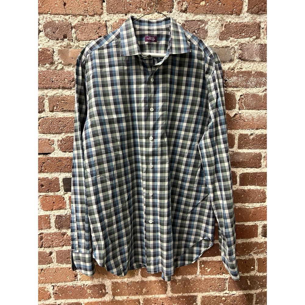 Sartoria Partenopea Mens Plaid Button Shirt 17.5 44 Blue Green Long Sleeve Italy